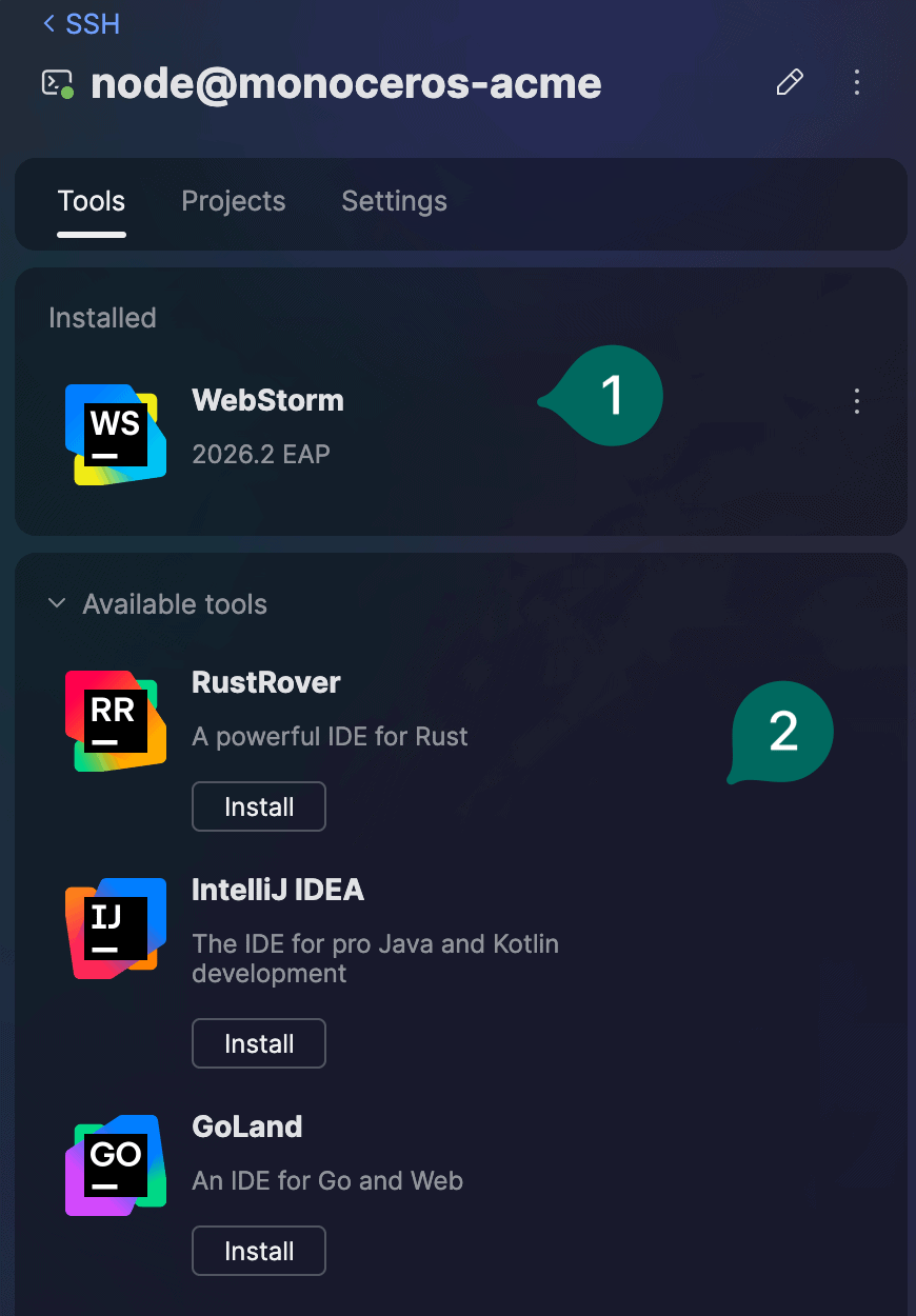 JetBrains Toolbox: choosing a JetBrains IDE for the node@monoceros-acme connection